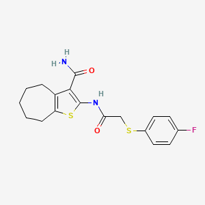 molecular formula C18H19FN2O2S2 B2870483 2-(2-((4-fluorophenyl)thio)acetamido)-5,6,7,8-tetrahydro-4H-cyclohepta[b]thiophene-3-carboxamide CAS No. 896345-78-1