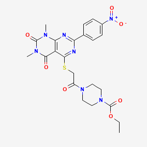 molecular formula C23H25N7O7S B2870511 Ethyl 4-(2-((6,8-dimethyl-2-(4-nitrophenyl)-5,7-dioxo-5,6,7,8-tetrahydropyrimido[4,5-d]pyrimidin-4-yl)thio)acetyl)piperazine-1-carboxylate CAS No. 847190-34-5