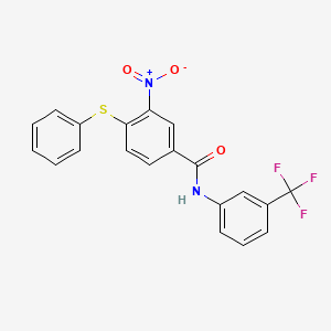 molecular formula C20H13F3N2O3S B2870518 3-nitro-4-phenylsulfanyl-N-[3-(trifluoromethyl)phenyl]benzamide CAS No. 303988-34-3