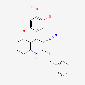 molecular formula C24H22N2O3S B2870523 2-(Benzylthio)-4-(4-hydroxy-3-methoxyphenyl)-5-oxo-1,4,5,6,7,8-hexahydroquinoline-3-carbonitrile CAS No. 488118-82-7