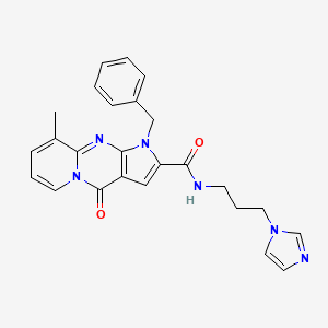 molecular formula C25H24N6O2 B2870526 6-Benzyl-N-(3-imidazol-1-ylpropyl)-10-methyl-2-oxo-1,6,8-triazatricyclo[7.4.0.03,7]trideca-3(7),4,8,10,12-pentaene-5-carboxamide CAS No. 896848-59-2