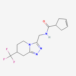 molecular formula C14H17F3N4O B2870554 N-{[7-(trifluoromethyl)-5H,6H,7H,8H-[1,2,4]triazolo[4,3-a]pyridin-3-yl]methyl}cyclopent-3-ene-1-carboxamide CAS No. 2097858-89-2