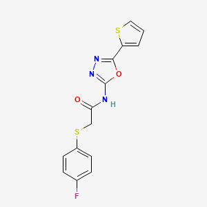 molecular formula C14H10FN3O2S2 B2870561 2-(4-fluorophenyl)sulfanyl-N-(5-thiophen-2-yl-1,3,4-oxadiazol-2-yl)acetamide CAS No. 896349-38-5