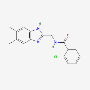 molecular formula C17H16ClN3O B2870610 2-Chloro-N-((5,6-dimethyl-1H-1,3-benzimidazol-2-yl)methyl)benzenecarboxamide CAS No. 338410-60-9
