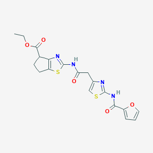 molecular formula C19H18N4O5S2 B2870630 ethyl 2-(2-(2-(furan-2-carboxamido)thiazol-4-yl)acetamido)-5,6-dihydro-4H-cyclopenta[d]thiazole-4-carboxylate CAS No. 1203125-56-7