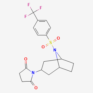 molecular formula C18H19F3N2O4S B2870647 1-((1R,5S)-8-((4-(trifluoromethyl)phenyl)sulfonyl)-8-azabicyclo[3.2.1]octan-3-yl)pyrrolidine-2,5-dione CAS No. 2058514-69-3