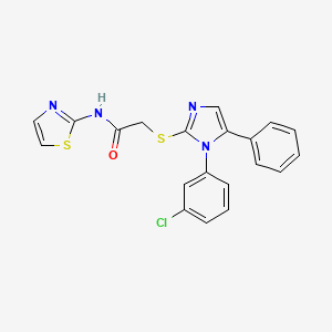 molecular formula C20H15ClN4OS2 B2870681 2-((1-(3-chlorophenyl)-5-phenyl-1H-imidazol-2-yl)thio)-N-(thiazol-2-yl)acetamide CAS No. 1207024-86-9