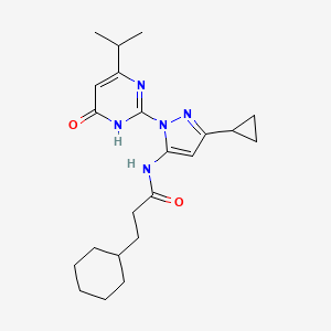 molecular formula C22H31N5O2 B2870717 3-cyclohexyl-N-(3-cyclopropyl-1-(4-isopropyl-6-oxo-1,6-dihydropyrimidin-2-yl)-1H-pyrazol-5-yl)propanamide CAS No. 1207016-52-1