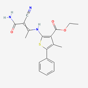 molecular formula C19H19N3O3S B2870725 Ethyl 2-[(1-carbamoyl-1-cyanoprop-1-en-2-yl)amino]-4-methyl-5-phenylthiophene-3-carboxylate CAS No. 872097-16-0