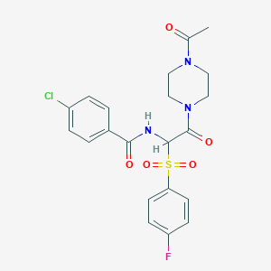 molecular formula C21H21ClFN3O5S B2870732 N-{2-(4-acetylpiperazinyl)-1-[(4-fluorophenyl)sulfonyl]-2-oxoethyl}(4-chloroph enyl)carboxamide CAS No. 1043006-73-0