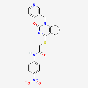 molecular formula C21H19N5O4S B2870758 N-(4-nitrophenyl)-2-((2-oxo-1-(pyridin-3-ylmethyl)-2,5,6,7-tetrahydro-1H-cyclopenta[d]pyrimidin-4-yl)thio)acetamide CAS No. 933251-47-9