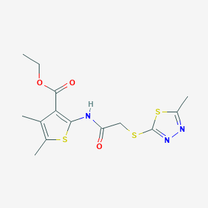 molecular formula C14H17N3O3S3 B2870800 Ethyl 4,5-dimethyl-2-{2-[(5-methyl-1,3,4-thiadiazol-2-yl)sulfanyl]acetamido}thiophene-3-carboxylate CAS No. 483348-05-6