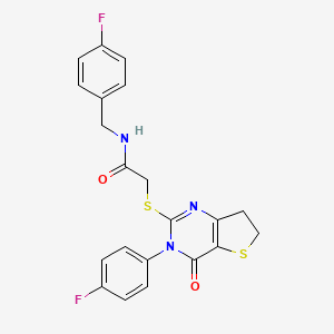 molecular formula C21H17F2N3O2S2 B2870804 N-[(4-fluorophenyl)methyl]-2-[[3-(4-fluorophenyl)-4-oxo-6,7-dihydrothieno[3,2-d]pyrimidin-2-yl]sulfanyl]acetamide CAS No. 687561-81-5