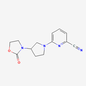 molecular formula C13H14N4O2 B2870824 6-[3-(2-Oxo-1,3-oxazolidin-3-yl)pyrrolidin-1-yl]pyridine-2-carbonitrile CAS No. 2415539-41-0