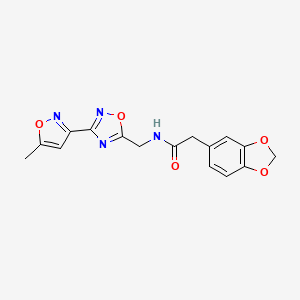 molecular formula C16H14N4O5 B2870845 2-(benzo[d][1,3]dioxol-5-yl)-N-((3-(5-methylisoxazol-3-yl)-1,2,4-oxadiazol-5-yl)methyl)acetamide CAS No. 2034452-92-9