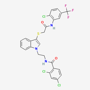 molecular formula C26H19Cl3F3N3O2S B2870846 2,4-dichloro-N-[2-[3-[2-[2-chloro-5-(trifluoromethyl)anilino]-2-oxoethyl]sulfanylindol-1-yl]ethyl]benzamide CAS No. 532975-59-0