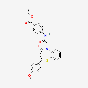 molecular formula C27H26N2O5S B2870861 ethyl 4-(2-(2-(4-methoxyphenyl)-4-oxo-3,4-dihydrobenzo[b][1,4]thiazepin-5(2H)-yl)acetamido)benzoate CAS No. 863004-58-4