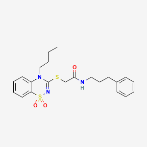 molecular formula C22H27N3O3S2 B2870872 2-((4-butyl-1,1-dioxido-4H-benzo[e][1,2,4]thiadiazin-3-yl)thio)-N-(3-phenylpropyl)acetamide CAS No. 893790-26-6