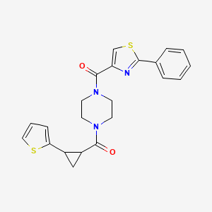 molecular formula C22H21N3O2S2 B2870915 (2-Phenylthiazol-4-yl)(4-(2-(thiophen-2-yl)cyclopropanecarbonyl)piperazin-1-yl)methanone CAS No. 1210165-88-0