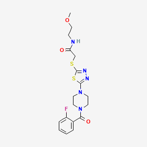 molecular formula C18H22FN5O3S2 B2870923 2-((5-(4-(2-fluorobenzoyl)piperazin-1-yl)-1,3,4-thiadiazol-2-yl)thio)-N-(2-methoxyethyl)acetamide CAS No. 1105201-12-4
