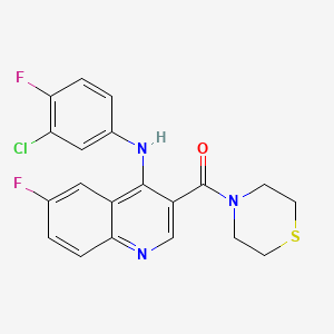 molecular formula C20H16ClF2N3OS B2870945 (4-((3-Chloro-4-fluorophenyl)amino)-6-fluoroquinolin-3-yl)(thiomorpholino)methanone CAS No. 1357967-58-8
