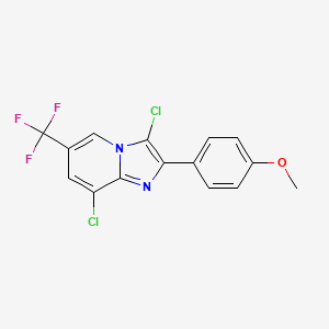 molecular formula C15H9Cl2F3N2O B2870951 3,8-二氯-2-(4-甲氧基苯基)-6-(三氟甲基)咪唑并[1,2-a]吡啶 CAS No. 860785-38-2