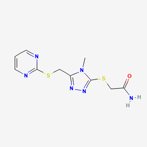 molecular formula C10H12N6OS2 B2871052 2-[[4-Methyl-5-(pyrimidin-2-ylsulfanylmethyl)-1,2,4-triazol-3-yl]sulfanyl]acetamide CAS No. 868221-10-7