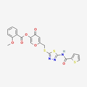 molecular formula C21H15N3O6S3 B2871057 4-氧代-6-(((5-(噻吩-2-甲酰胺)-1,3,4-噻二唑-2-基)硫代)甲基)-4H-吡喃-3-基 2-甲氧基苯甲酸酯 CAS No. 877642-57-4