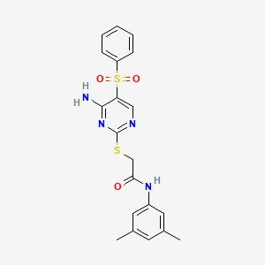 molecular formula C20H20N4O3S2 B2871058 2-((4-amino-5-(phenylsulfonyl)pyrimidin-2-yl)thio)-N-(3,5-dimethylphenyl)acetamide CAS No. 894948-26-6
