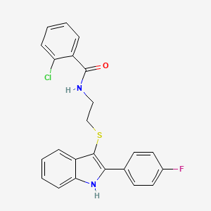 molecular formula C23H18ClFN2OS B2871107 2-氯-N-(2-((2-(4-氟苯基)-1H-吲哚-3-基)硫代)乙基)苯甲酰胺 CAS No. 919712-43-9