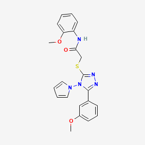 molecular formula C22H21N5O3S B2871165 N-(2-methoxyphenyl)-2-{[5-(3-methoxyphenyl)-4-(1H-pyrrol-1-yl)-4H-1,2,4-triazol-3-yl]sulfanyl}acetamide CAS No. 896317-41-2
