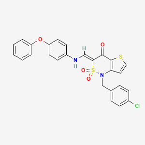 molecular formula C26H19ClN2O4S2 B2871240 (Z)-1-(4-chlorobenzyl)-3-(((4-phenoxyphenyl)amino)methylene)-1H-thieno[3,2-c][1,2]thiazin-4(3H)-one 2,2-dioxide CAS No. 894680-30-9