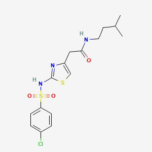 molecular formula C16H20ClN3O3S2 B2871256 2-(2-(4-chlorophenylsulfonamido)thiazol-4-yl)-N-isopentylacetamide CAS No. 922133-28-6