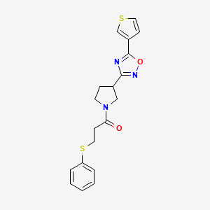 molecular formula C19H19N3O2S2 B2871271 3-(Phenylthio)-1-(3-(5-(thiophen-3-yl)-1,2,4-oxadiazol-3-yl)pyrrolidin-1-yl)propan-1-one CAS No. 2034321-09-8