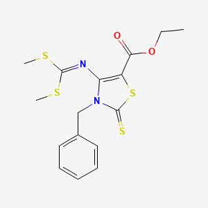 molecular formula C16H18N2O2S4 B2871276 Ethyl 3-benzyl-4-{[bis(methylsulfanyl)methylidene]amino}-2-sulfanylidene-2,3-dihydro-1,3-thiazole-5-carboxylate CAS No. 2309825-58-7