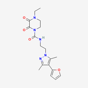 molecular formula C18H23N5O4 B2871279 4-乙基-N-(2-(4-(呋喃-2-基)-3,5-二甲基-1H-吡唑-1-基)乙基)-2,3-二氧代哌嗪-1-甲酰胺 CAS No. 2034353-09-6