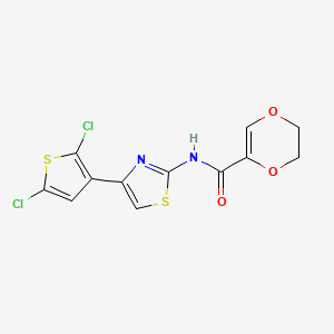 molecular formula C12H8Cl2N2O3S2 B2871287 N-(4-(2,5-dichlorothiophen-3-yl)thiazol-2-yl)-5,6-dihydro-1,4-dioxine-2-carboxamide CAS No. 864937-77-9