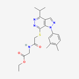 molecular formula C22H27N5O3S B2871331 2-(2-((1-(3,4-二甲苯基)-4-异丙基-1H-吡唑并[3,4-d]嘧啶-7-基)硫代)乙酰氨基)乙酸乙酯 CAS No. 1105238-62-7