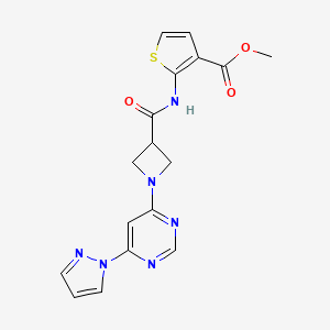 molecular formula C17H16N6O3S B2871376 methyl 2-(1-(6-(1H-pyrazol-1-yl)pyrimidin-4-yl)azetidine-3-carboxamido)thiophene-3-carboxylate CAS No. 2034481-17-7
