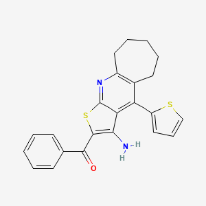 molecular formula C23H20N2OS2 B2871434 (3-amino-4-(thiophen-2-yl)-6,7,8,9-tetrahydro-5H-cyclohepta[b]thieno[3,2-e]pyridin-2-yl)(phenyl)methanone CAS No. 434296-16-9