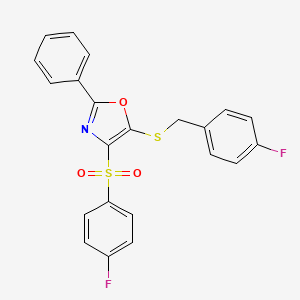 molecular formula C22H15F2NO3S2 B2871436 5-((4-氟苄基)硫代)-4-((4-氟苯基)磺酰基)-2-苯基恶唑 CAS No. 850926-09-9