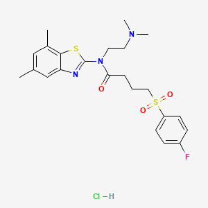 molecular formula C23H29ClFN3O3S2 B2871455 N-(2-(dimethylamino)ethyl)-N-(5,7-dimethylbenzo[d]thiazol-2-yl)-4-((4-fluorophenyl)sulfonyl)butanamide hydrochloride CAS No. 1215528-61-2
