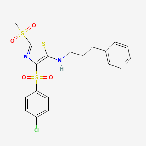 molecular formula C19H19ClN2O4S3 B2871511 4-((4-chlorophenyl)sulfonyl)-2-(methylsulfonyl)-N-(3-phenylpropyl)thiazol-5-amine CAS No. 863449-23-4