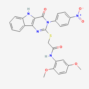 molecular formula C26H21N5O6S B2871512 N-(2,5-dimethoxyphenyl)-2-((3-(4-nitrophenyl)-4-oxo-4,5-dihydro-3H-pyrimido[5,4-b]indol-2-yl)thio)acetamide CAS No. 536717-15-4