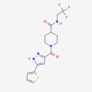 molecular formula C16H17F3N4O2S B2871518 1-(3-(噻吩-2-基)-1H-吡唑-5-羰基)-N-(2,2,2-三氟乙基)哌啶-4-甲酰胺 CAS No. 1297610-08-2