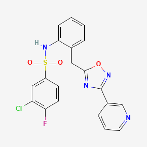 molecular formula C20H14ClFN4O3S B2871557 3-氯-4-氟-N-(2-((3-(吡啶-3-基)-1,2,4-恶二唑-5-基)甲基)苯基)苯磺酰胺 CAS No. 1797962-82-3