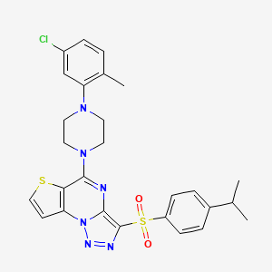molecular formula C27H27ClN6O2S2 B2871558 5-[4-(5-Chloro-2-methylphenyl)piperazin-1-yl]-3-[(4-isopropylphenyl)sulfonyl]thieno[2,3-e][1,2,3]triazolo[1,5-a]pyrimidine CAS No. 912781-43-2