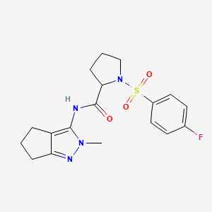 molecular formula C18H21FN4O3S B2871561 1-((4-fluorophenyl)sulfonyl)-N-(2-methyl-2,4,5,6-tetrahydrocyclopenta[c]pyrazol-3-yl)pyrrolidine-2-carboxamide CAS No. 1219434-45-3