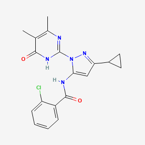 molecular formula C19H18ClN5O2 B2871575 2-chloro-N-(3-cyclopropyl-1-(4,5-dimethyl-6-oxo-1,6-dihydropyrimidin-2-yl)-1H-pyrazol-5-yl)benzamide CAS No. 1203284-57-4
