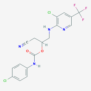 molecular formula C17H13Cl2F3N4O2 B2871624 2-{[3-chloro-5-(trifluoromethyl)-2-pyridinyl]amino}-1-(cyanomethyl)ethyl N-(4-chlorophenyl)carbamate CAS No. 338399-88-5